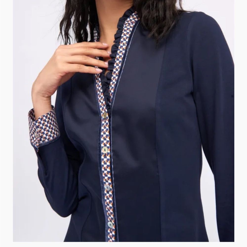 Tinta Bariloche Navy Blouse with Patterned Trim